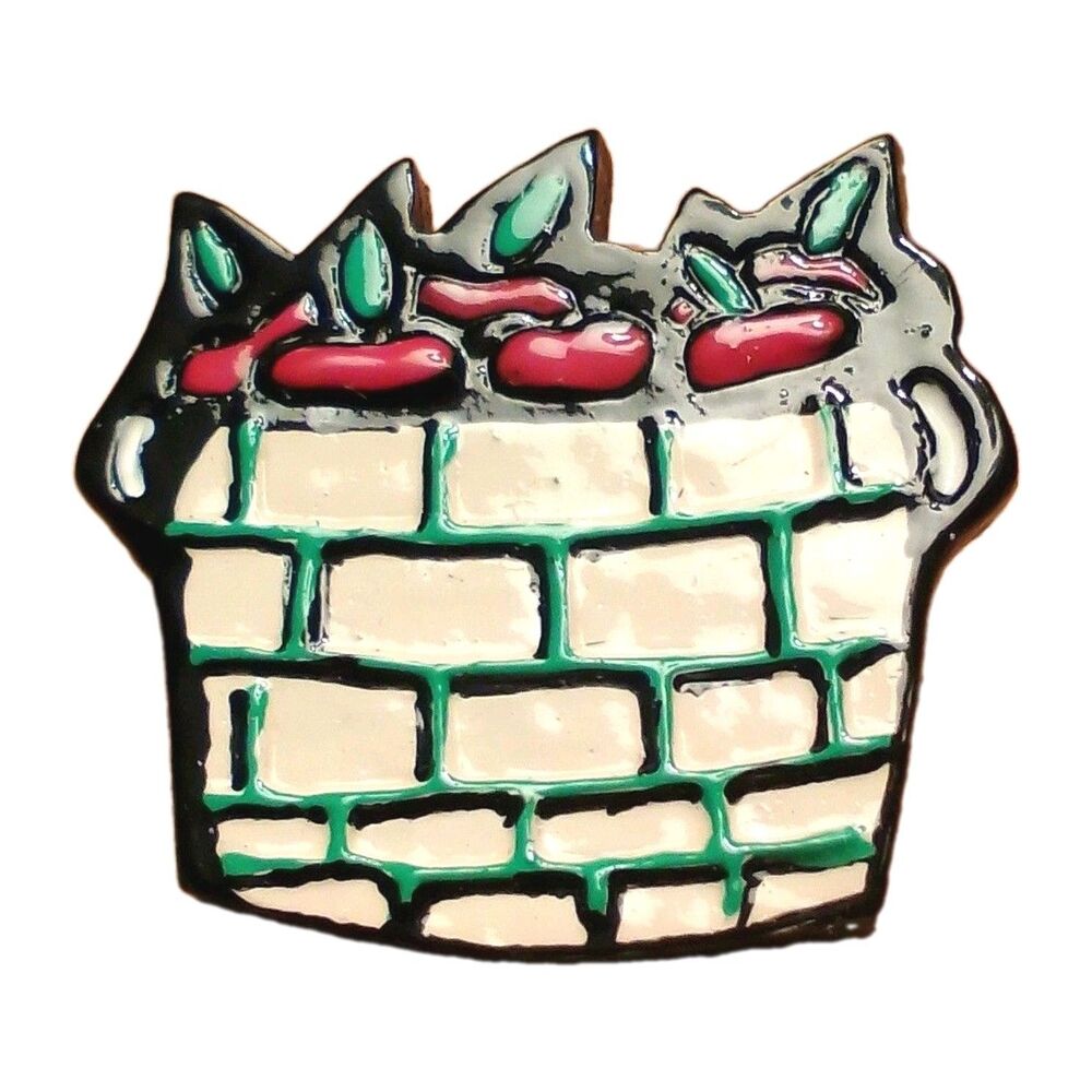 VTG Handmade Painted Clay Brick Basket Apples Brooch Pin Retro Folk Art Cute 80